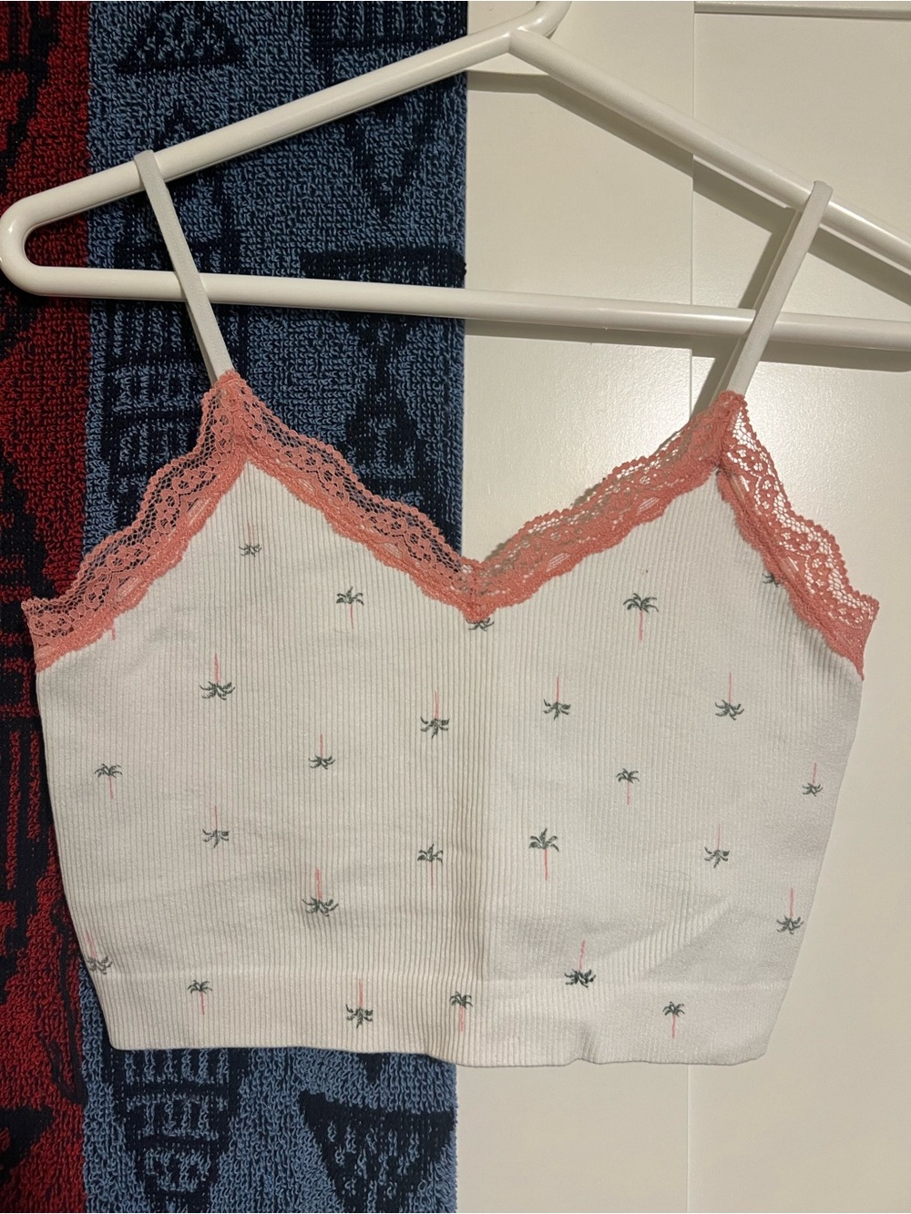 Primark White Ribbed Tank Top with Coral Lace Trim and Tiny Green Palm Print